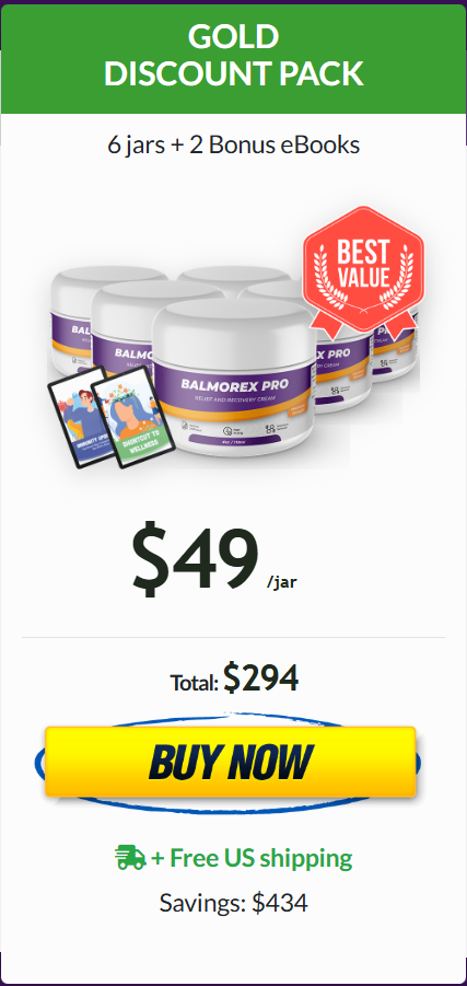 Balmorex Pro Gold Discount Pack with 6 jars and 2 free bonus eBooks priced at $49 per jar