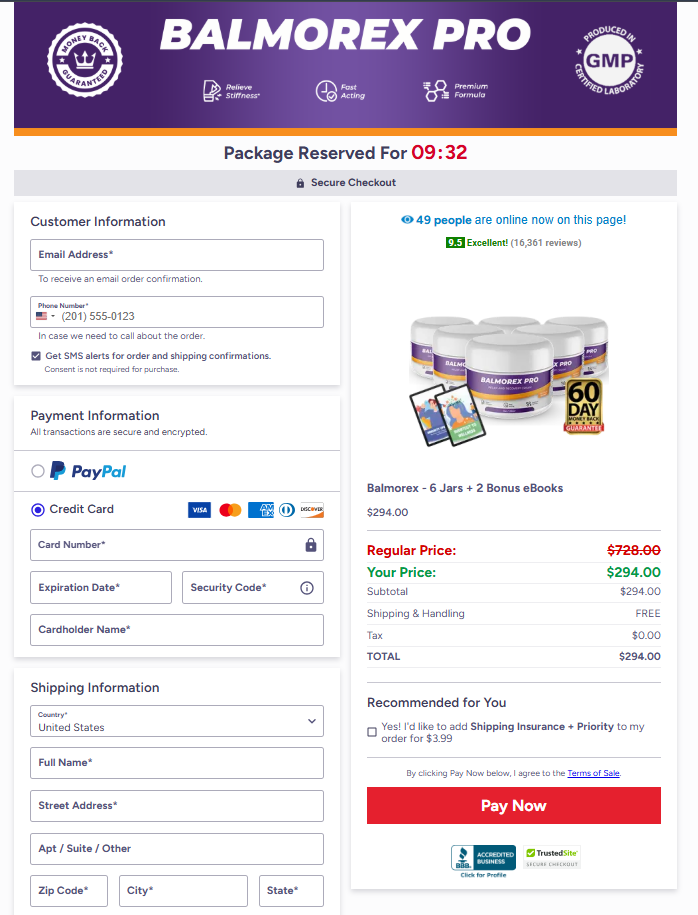 Secure checkout page forBalmorex Pro supplement orders