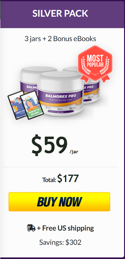 Balmorex Pro Silver Pack with 3 jars and 2 bonus eBooks priced at $59 per jar for daily mobility support